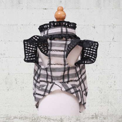 モノトーンフリルチェックブラウス