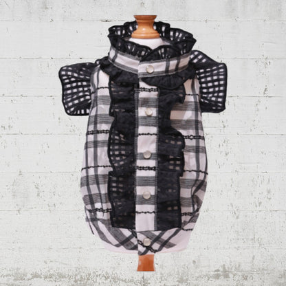 モノトーンフリルチェックブラウス