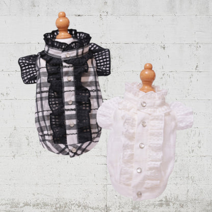 モノトーンフリルチェックブラウス